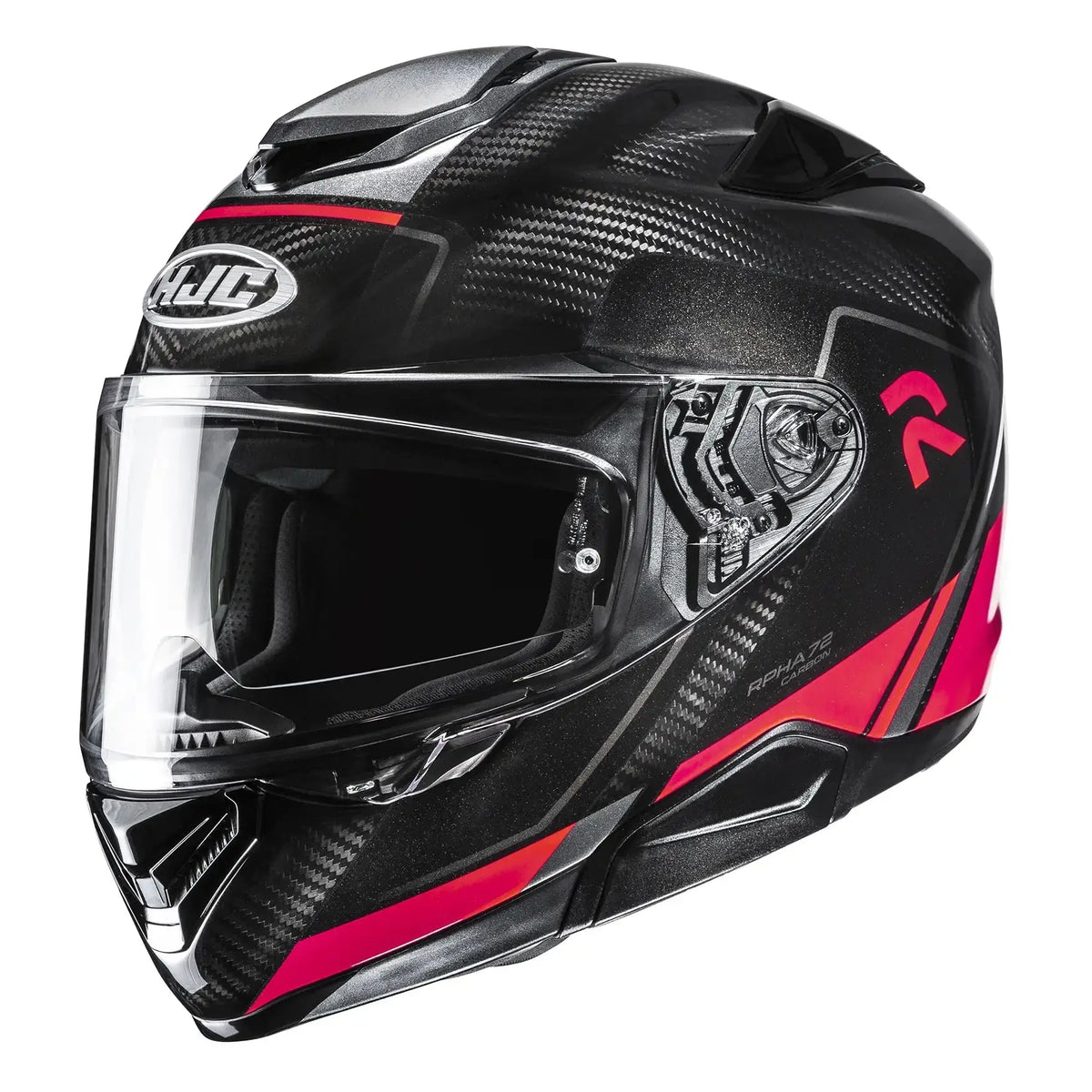 HJC RPHA 72 Carbon Fynex MC1 Red full-face motorcycle helmet, front-left three-quarter view on white background