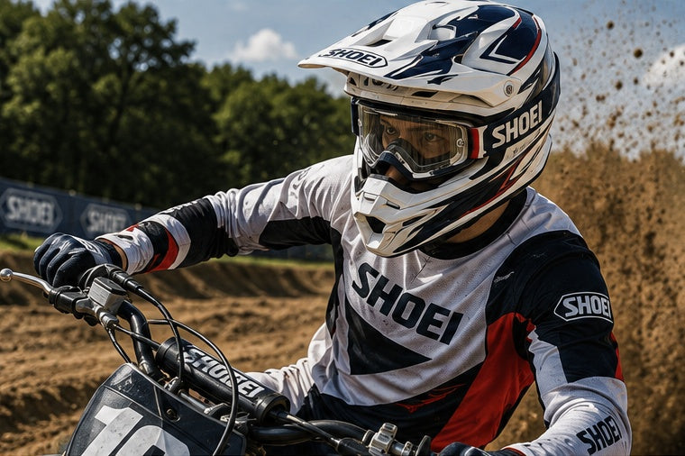 Shoei VFX-WR 06 motocross rider lifestyle image on a dirt track