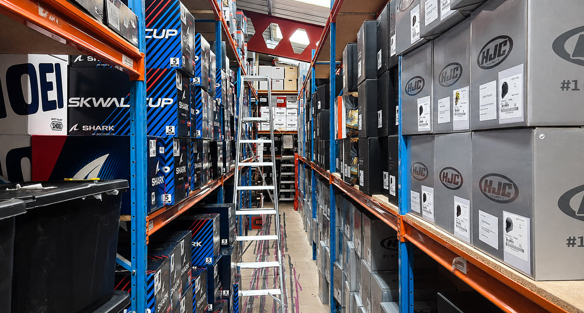 Extensive Moto Central motorcycle gear showroom near Leicestershire