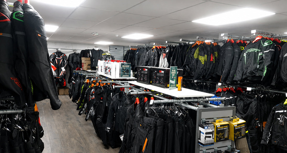 Sports motorcycle leathers and equipment inside Moto Central featured in our Motorcycle Clothing Near Evesham guide