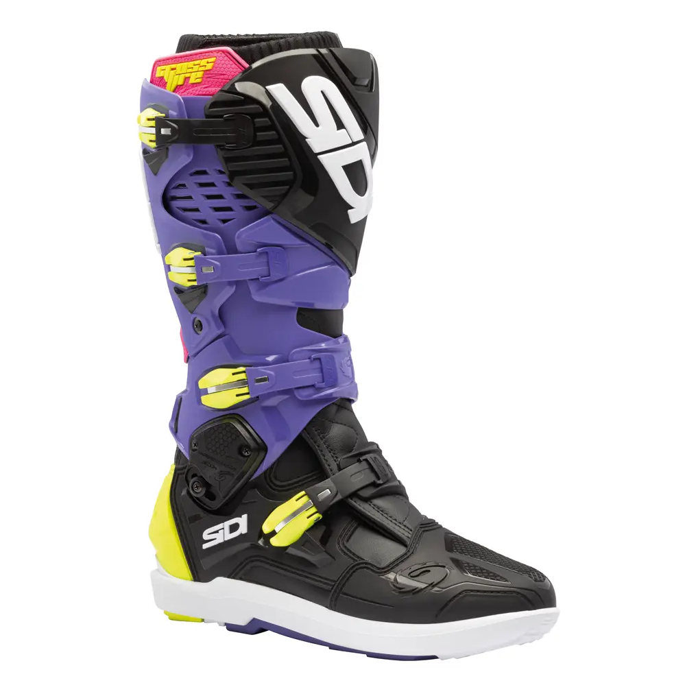 Sidi Crossfire 3 SRS CE Boots Violet / Black / Fluo Yellow motorcycle boots – three-quarter side view