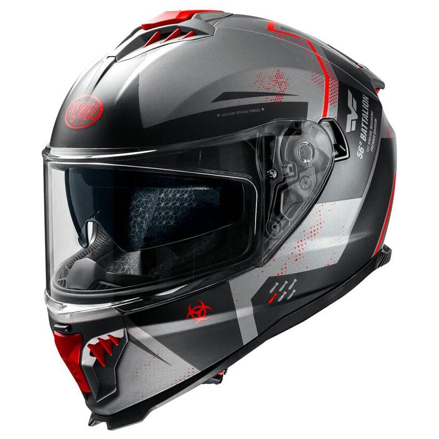 Premier Typhoon BA 17BM Matt Grey / Black / Red full-face motorcycle helmet, left-front three-quarter view