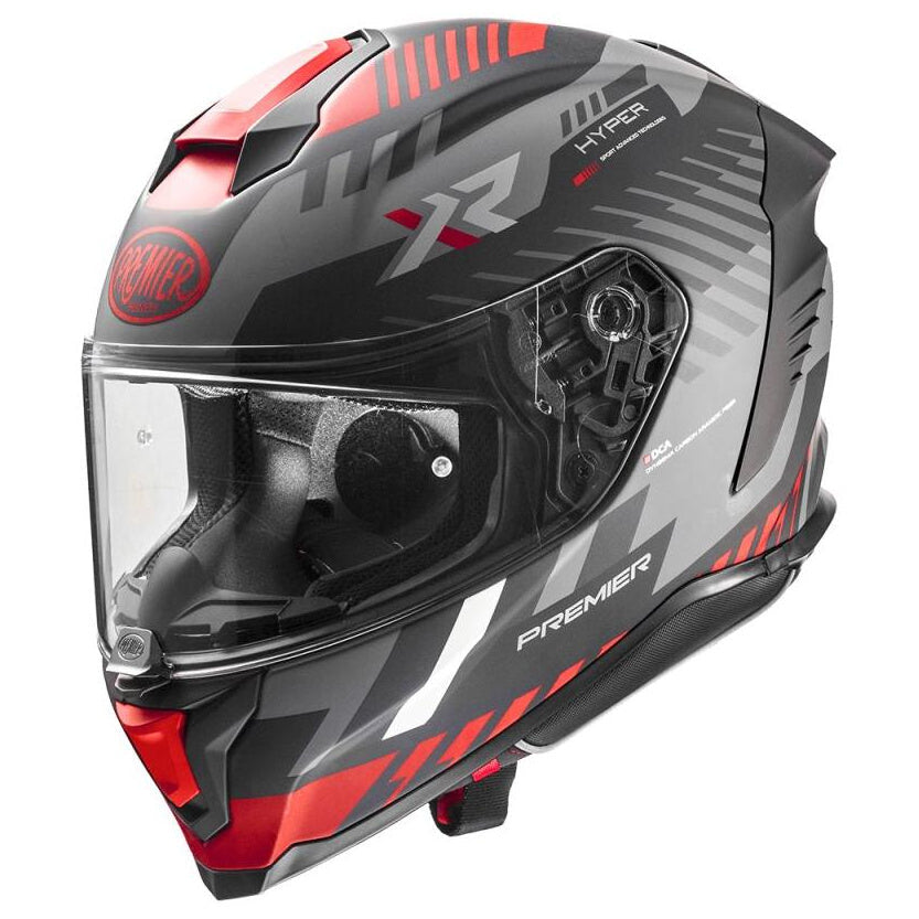 Premier Hyper XR 92 Matt Black / Grey / Red full-face motorcycle helmet, left-front three-quarter view
