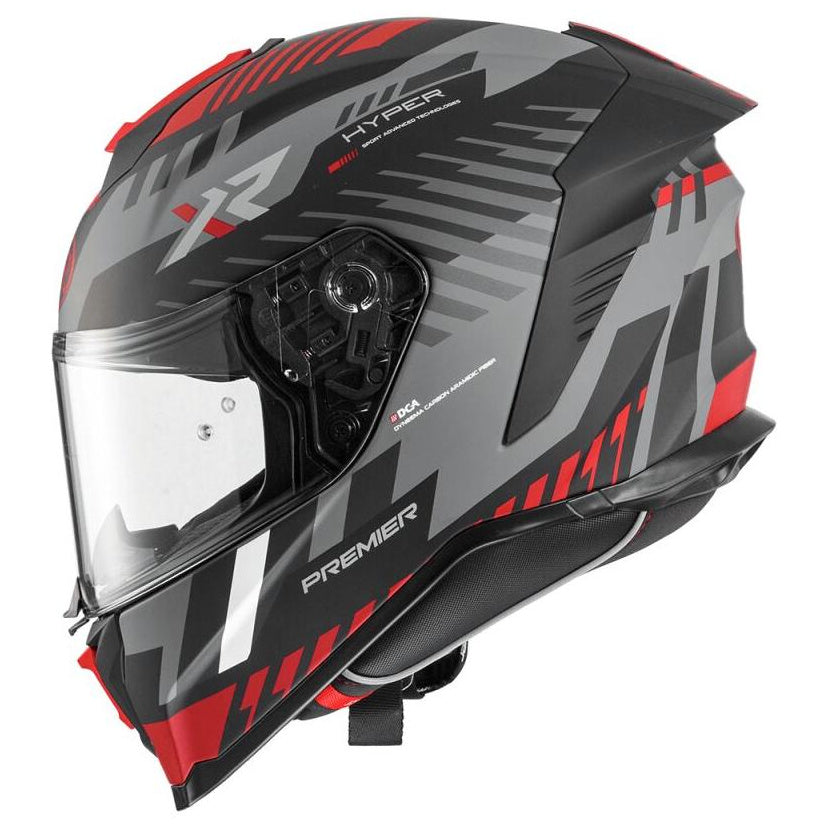 Premier Hyper XR 92 Matt Black / Grey / Red full-face motorcycle helmet, right-front three-quarter view