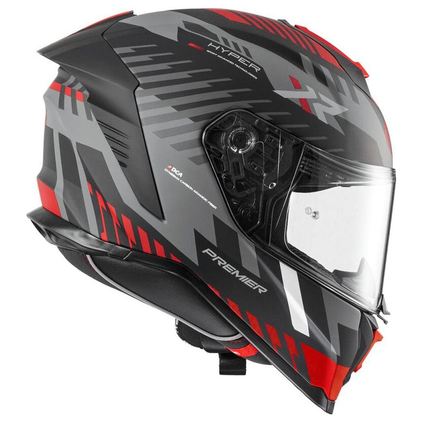 Premier Hyper XR 92 Matt Black / Grey / Red full-face motorcycle helmet, left-rear three-quarter view