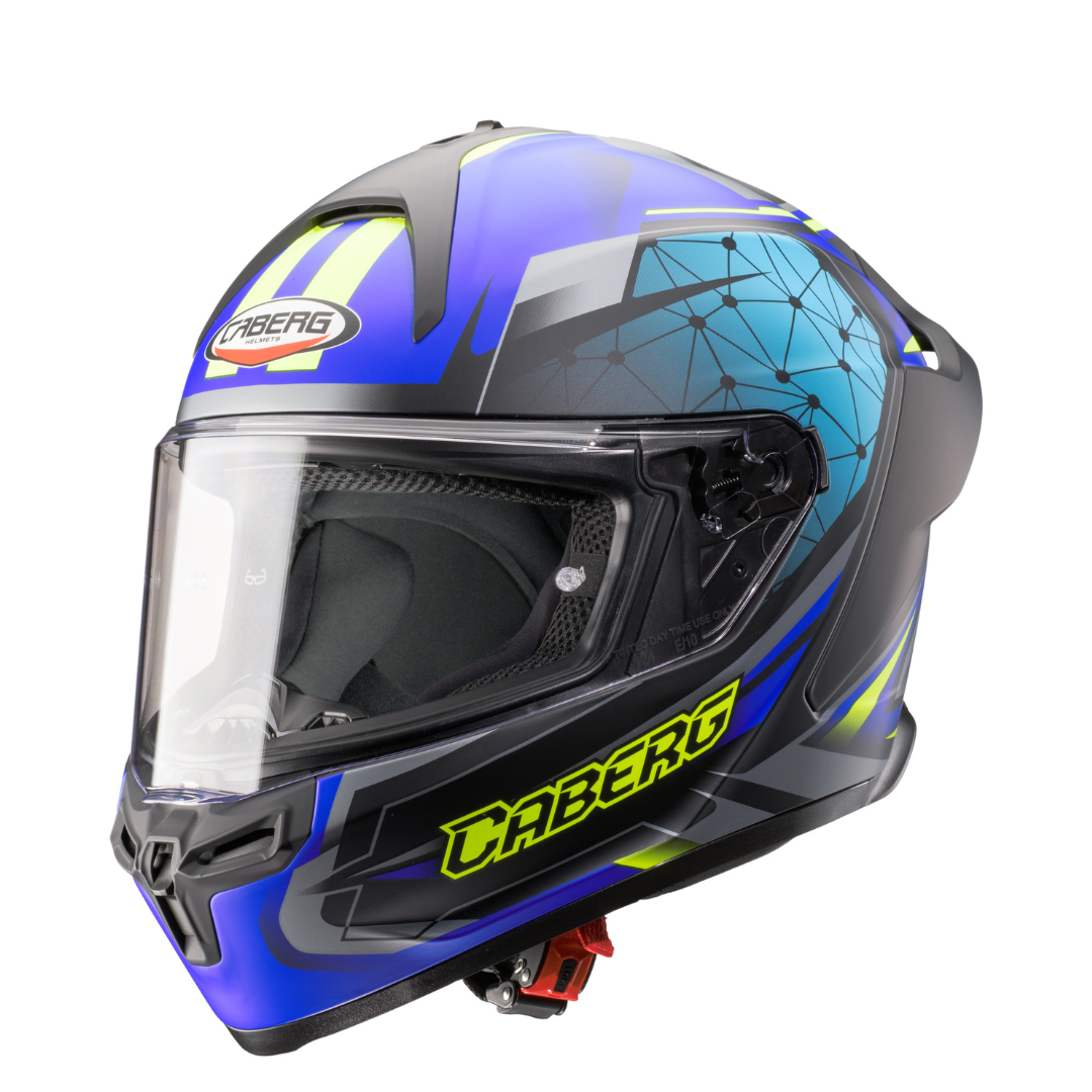 Caberg Roxter Kiso Matt Black, Blue and Fluo Yellow helmet – front three-quarter view