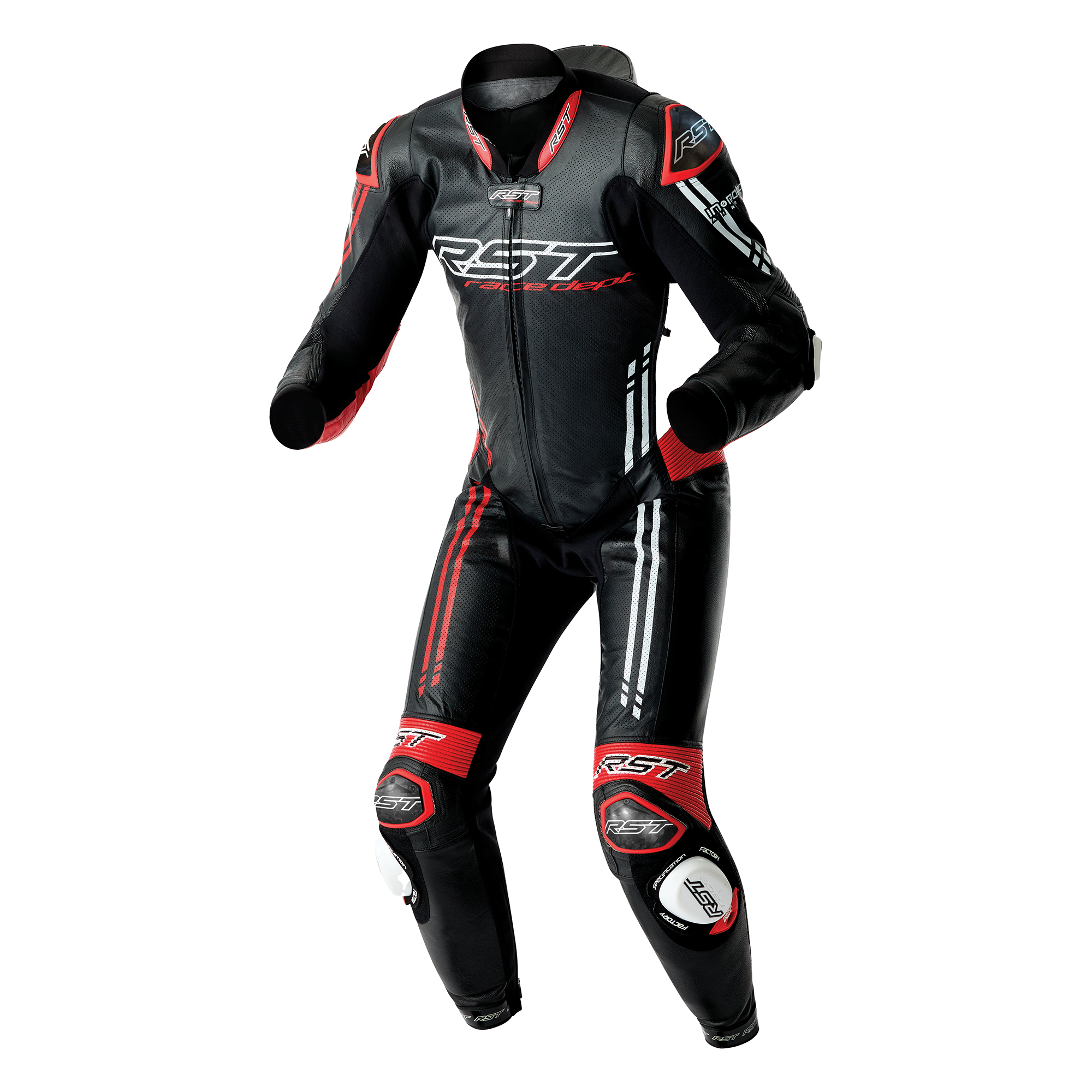RST Race Dept V4.2 D3O Airbag One Piece Leather Suit Black / Red / White - FREE UK Shipping, FREE 365 Day Returns | Moto Central