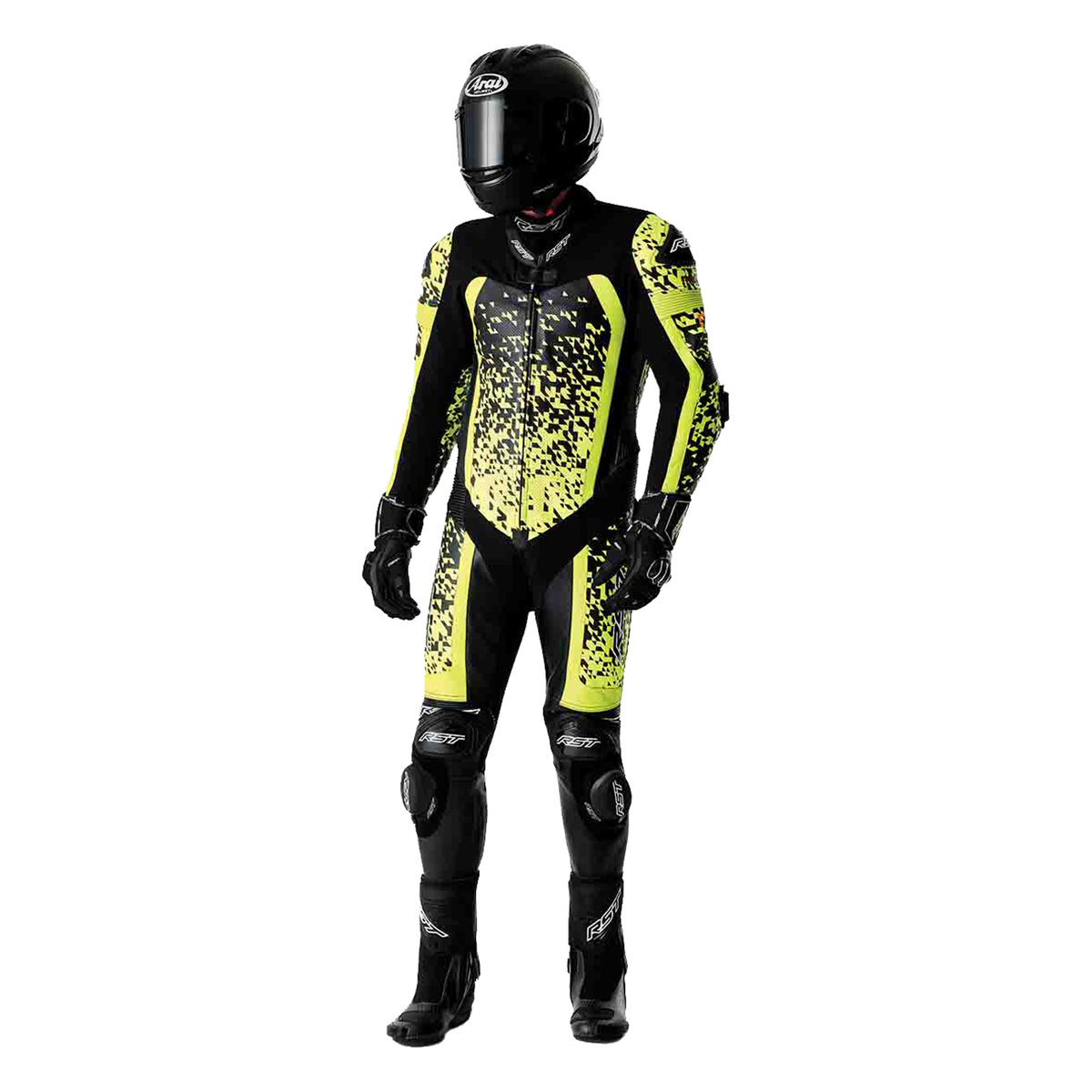 RST Pro Series D3O Airbag One Piece Leather Suit Black / Fluo Yellow, worn front view
