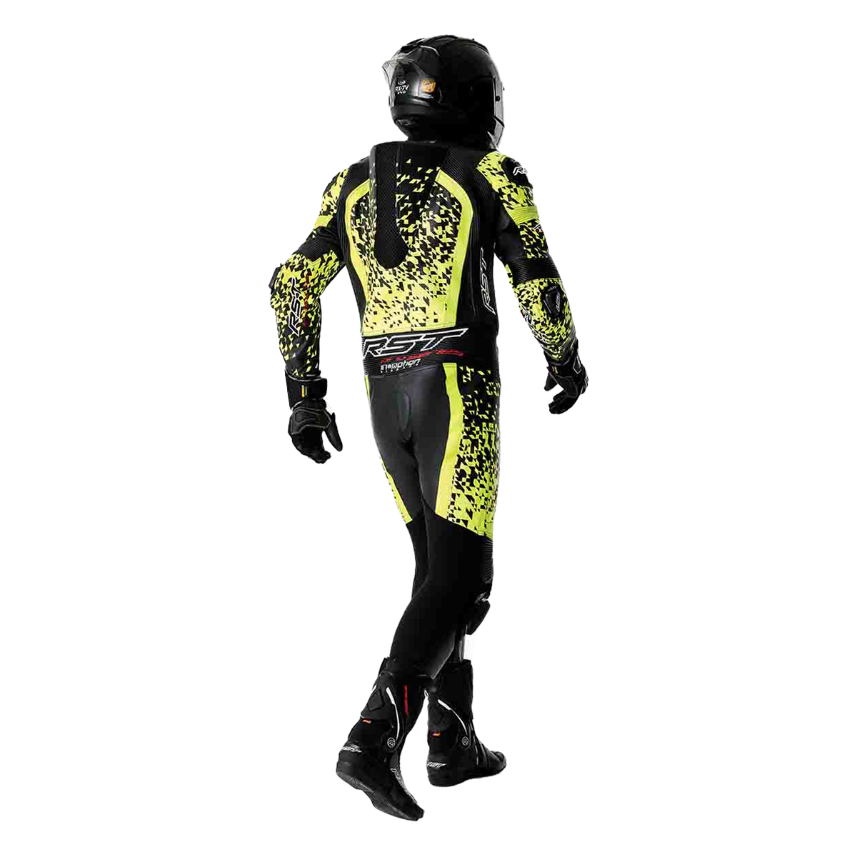 RST Pro Series D3O Airbag One Piece Leather Suit Black / Fluo Yellow, worn rear three-quarter view