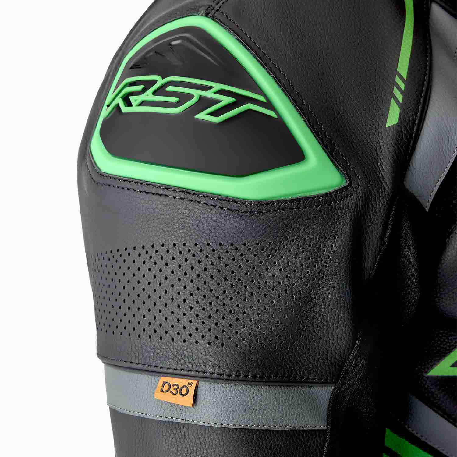 RST S1 D3O One Piece Leather Suit Black / Grey / Fluo Green - FREE UK Shipping, FREE 365 Day Returns | Moto Central