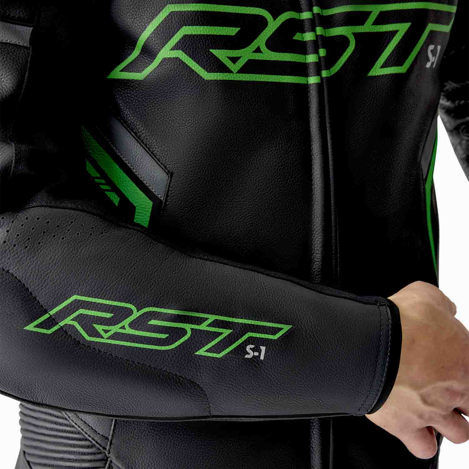 RST S1 D3O One Piece Leather Suit Black / Grey / Fluo Green - FREE UK Shipping, FREE 365 Day Returns | Moto Central