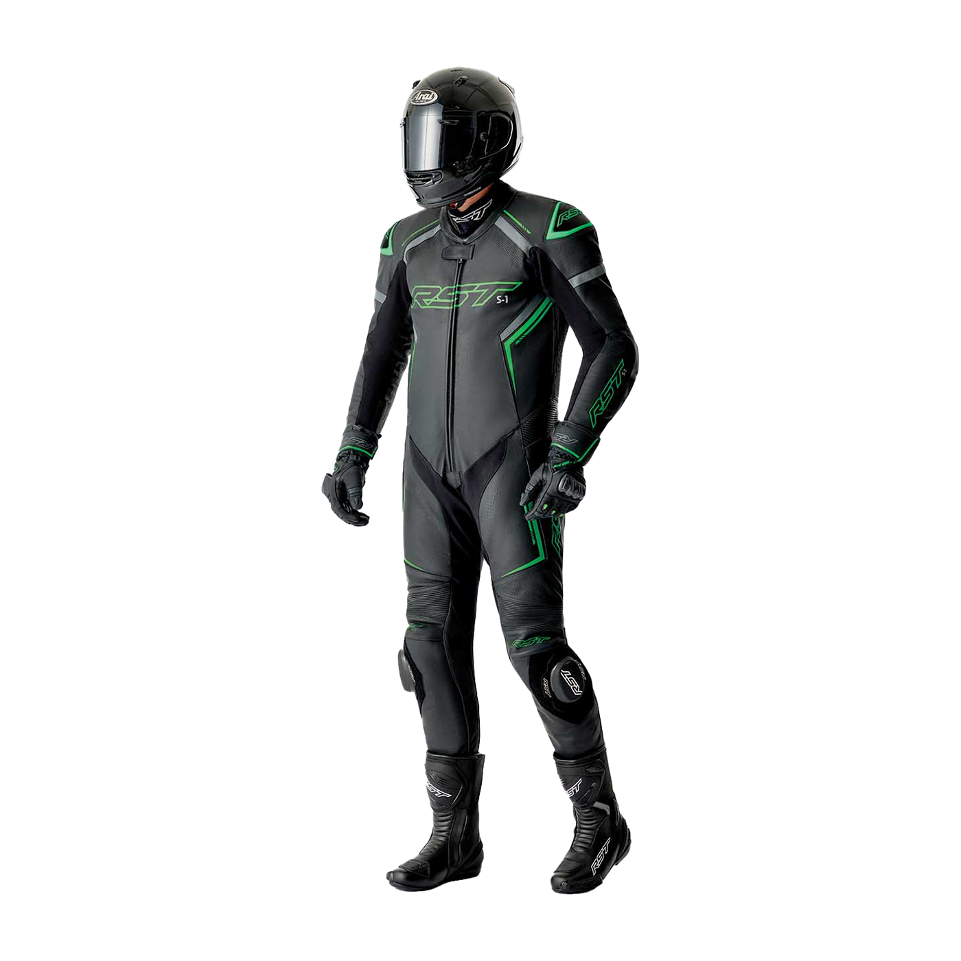 RST S1 D3O One Piece Leather Suit Black / Grey / Fluo Green - FREE UK Shipping, FREE 365 Day Returns | Moto Central
