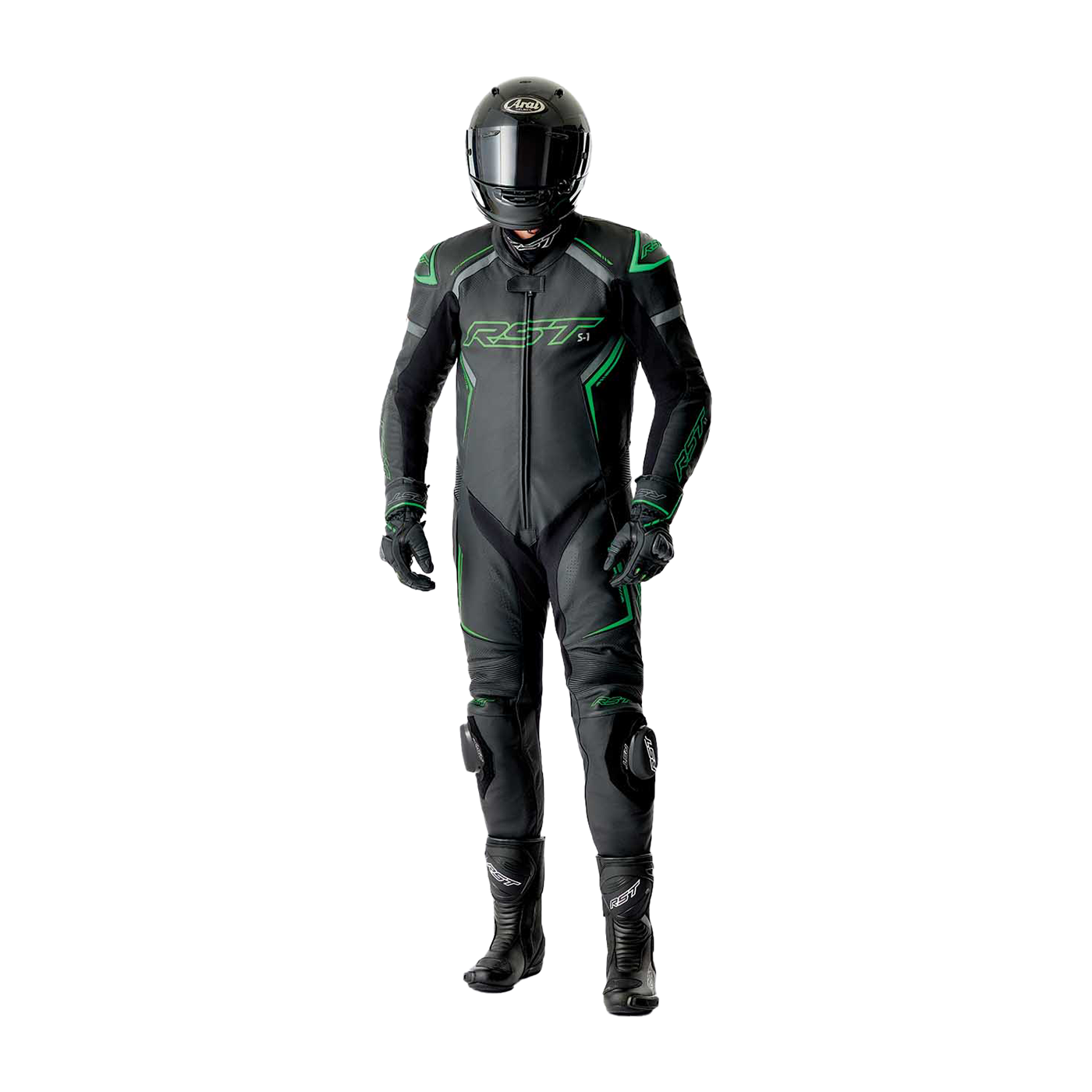 RST S1 D3O One Piece Leather Suit Black / Grey / Fluo Green - FREE UK Shipping, FREE 365 Day Returns | Moto Central