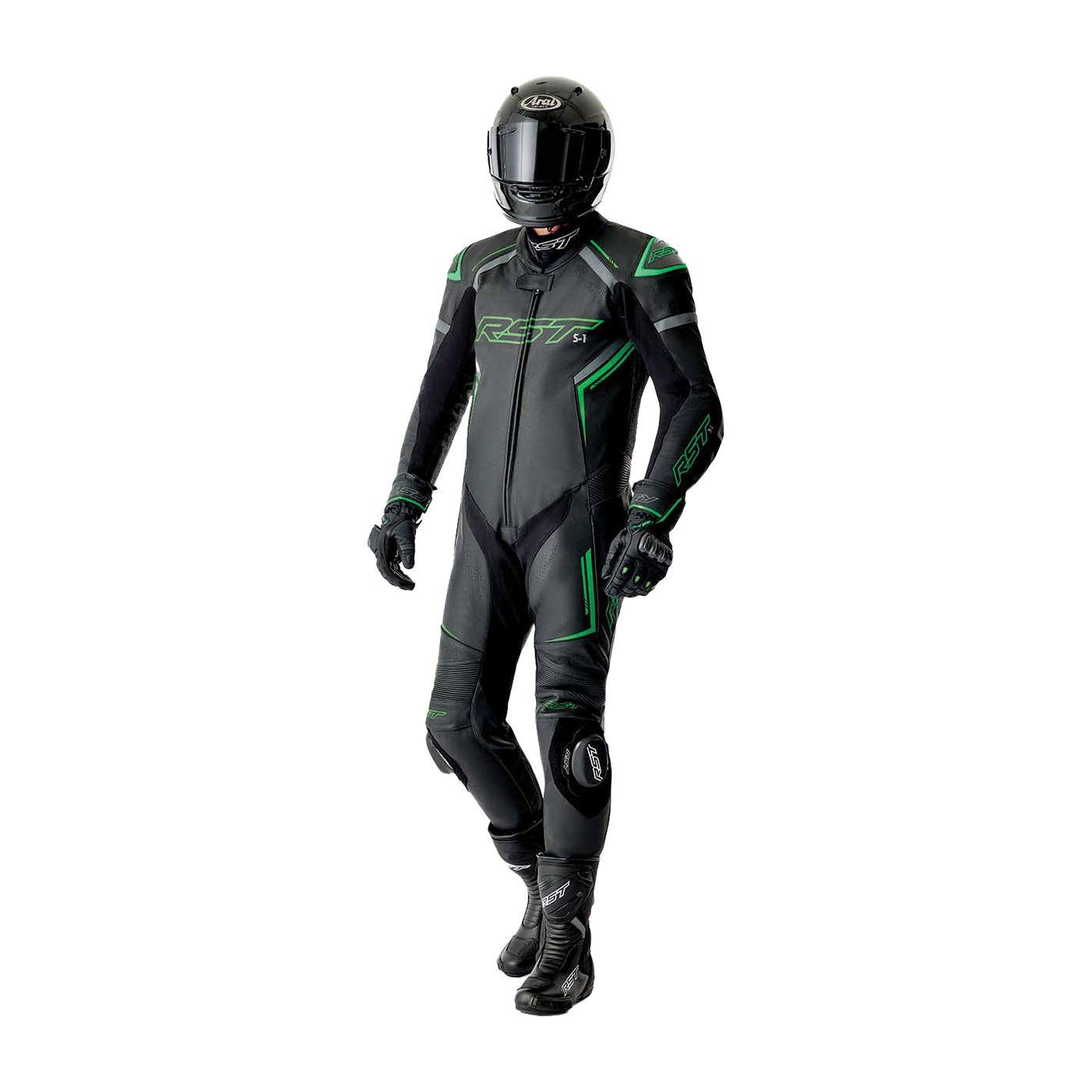 RST S1 D3O One Piece Leather Suit Black / Grey / Fluo Green - FREE UK Shipping, FREE 365 Day Returns | Moto Central