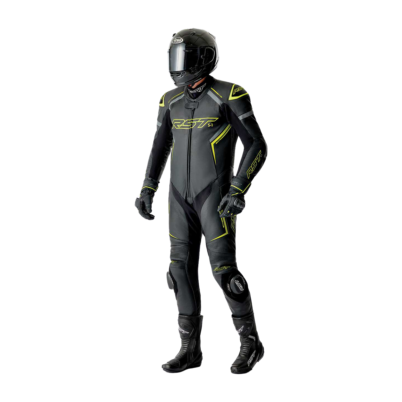 RST S1 D3O One Piece Leather Suit Black / Grey / Fluo Yellow - FREE UK Shipping, FREE 365 Day Returns | Moto Central