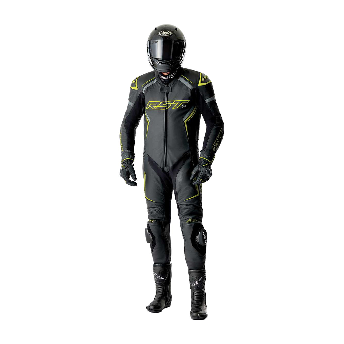 RST S1 D3O One Piece Leather Suit Black / Grey / Fluo Yellow - FREE UK Shipping, FREE 365 Day Returns | Moto Central