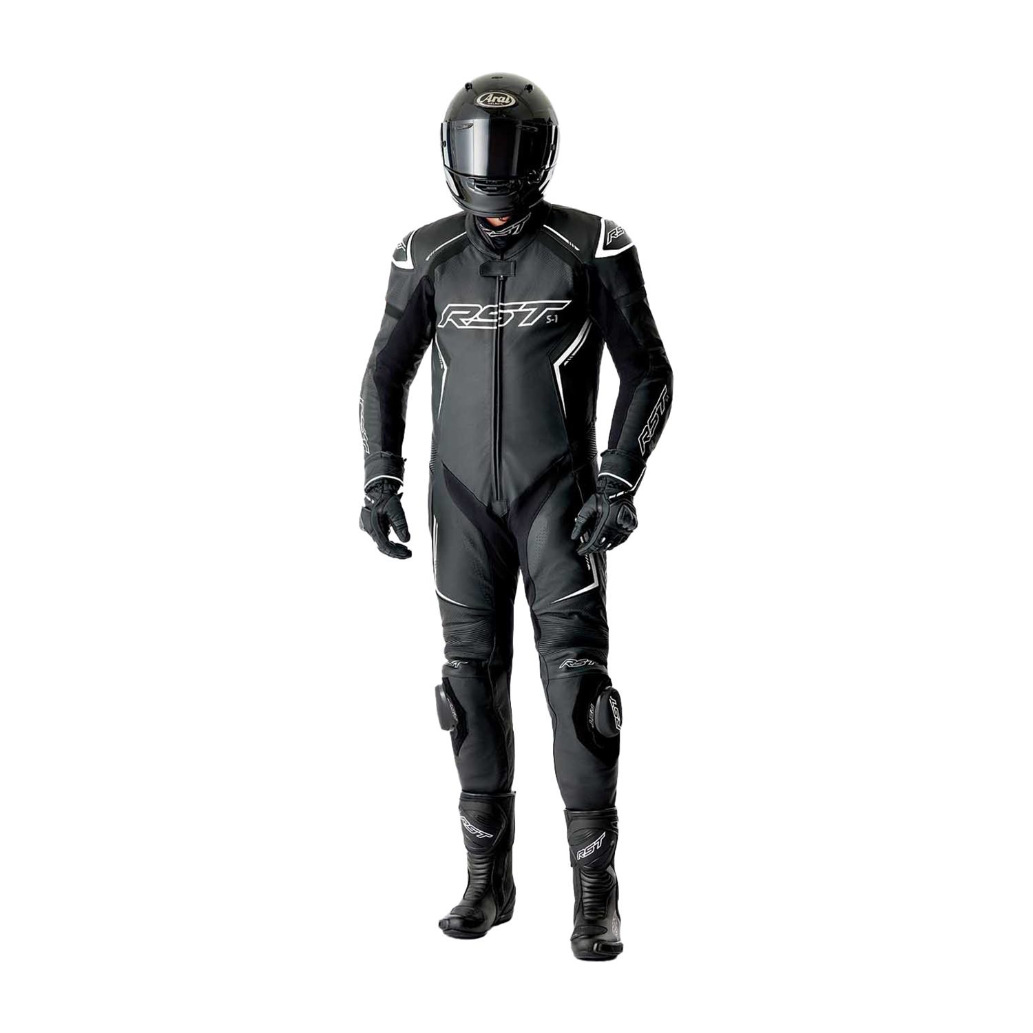 RST S1 D3O One Piece Leather Suit Black / Black / White - FREE UK Shipping, FREE 365 Day Returns | Moto Central