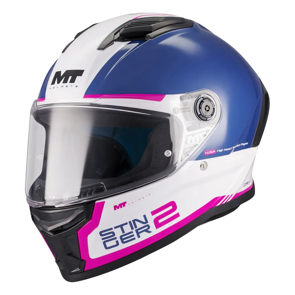 MT Helmets Stinger 2 Core A8 Gloss Navy / White / Pink motorcycle helmet, front three-quarter view