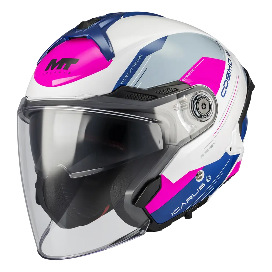 MT Helmets Cosmo SV Icarus A8 Gloss White / Grey / Pink / Navy, front three-quarter view