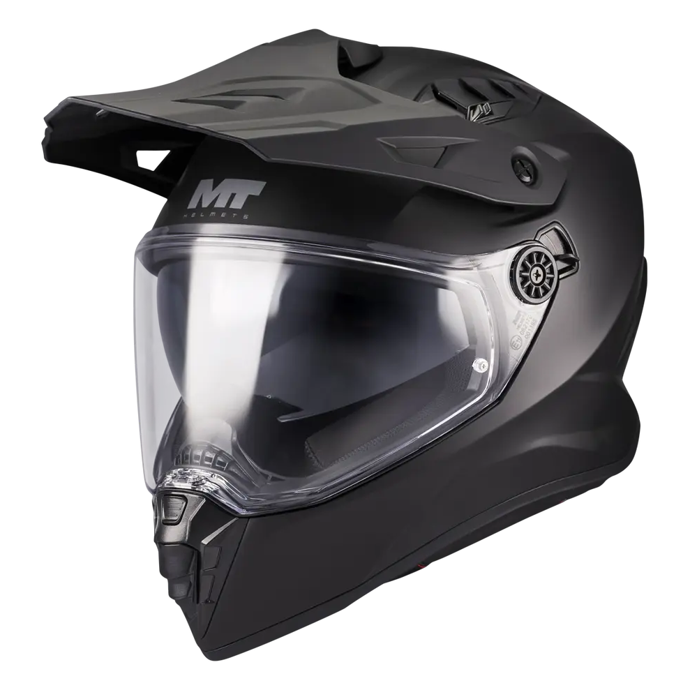 MT Helmets Track SV Pure A1 Matt Black motorcycle helmet, front three-quarter view