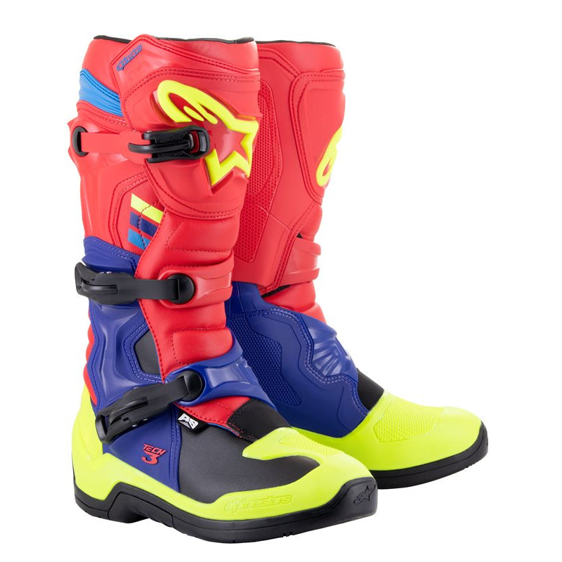 Alpinestars Tech 3 Off-Road Boots Bright Red / Dark Blue / Fluo Yellow - motorcycle boot side profile