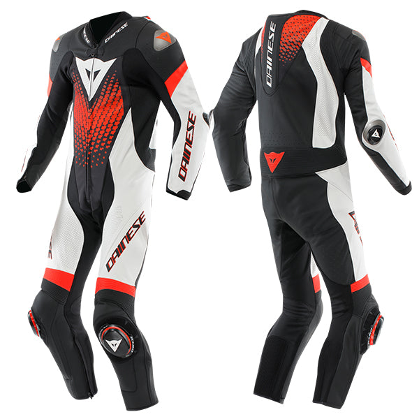 Dainese Laguna Seca 6 Perforated 1 Piece Leather Suit Black / White / Fluo Red - FREE UK Shipping, FREE 365 Day Returns | Moto Central