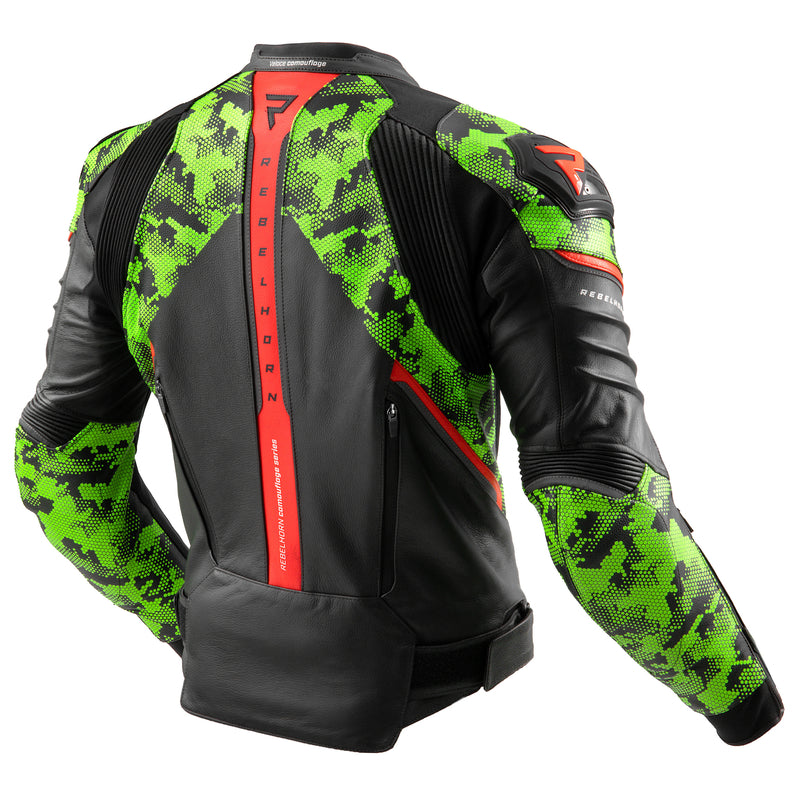 Rebelhorn Veloce Leather Jacket Black / Green / Fluo Red FREE UK Delivery, FREE 365 Day Returns | Moto Central