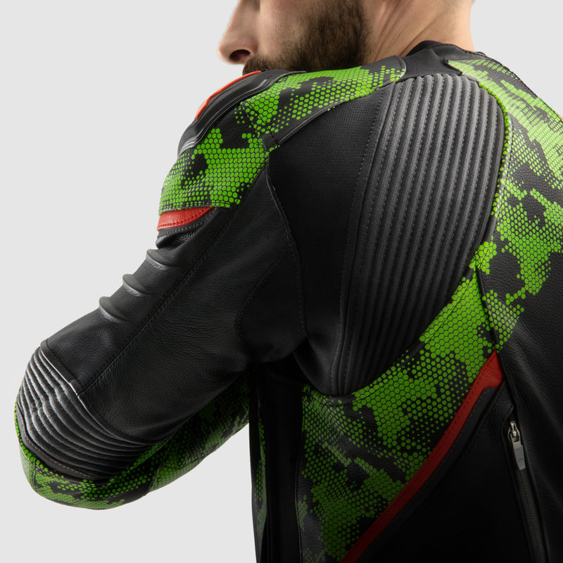 Rebelhorn Veloce Leather Jacket Black / Green / Fluo Red FREE UK Delivery, FREE 365 Day Returns | Moto Central