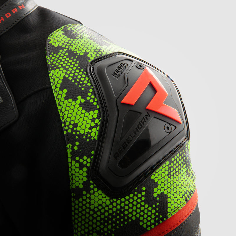 Rebelhorn Veloce Leather Jacket Black / Green / Fluo Red FREE UK Delivery, FREE 365 Day Returns | Moto Central