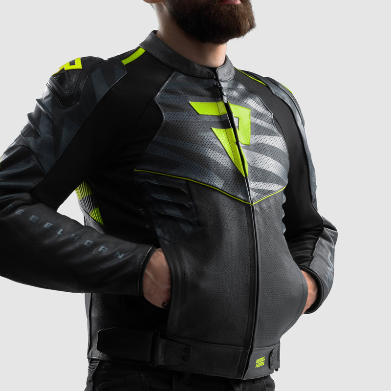 Rebelhorn Vandal 2 Leather Jacket Black / Grey / Fluo Yellow FREE UK Delivery, FREE 365 Day Returns | Moto Central