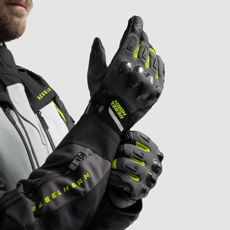 Rebelhorn Defender Gloves Black / Grey / Fluo Yellow FREE UK Delivery, FREE 365 Day Returns | Moto Central