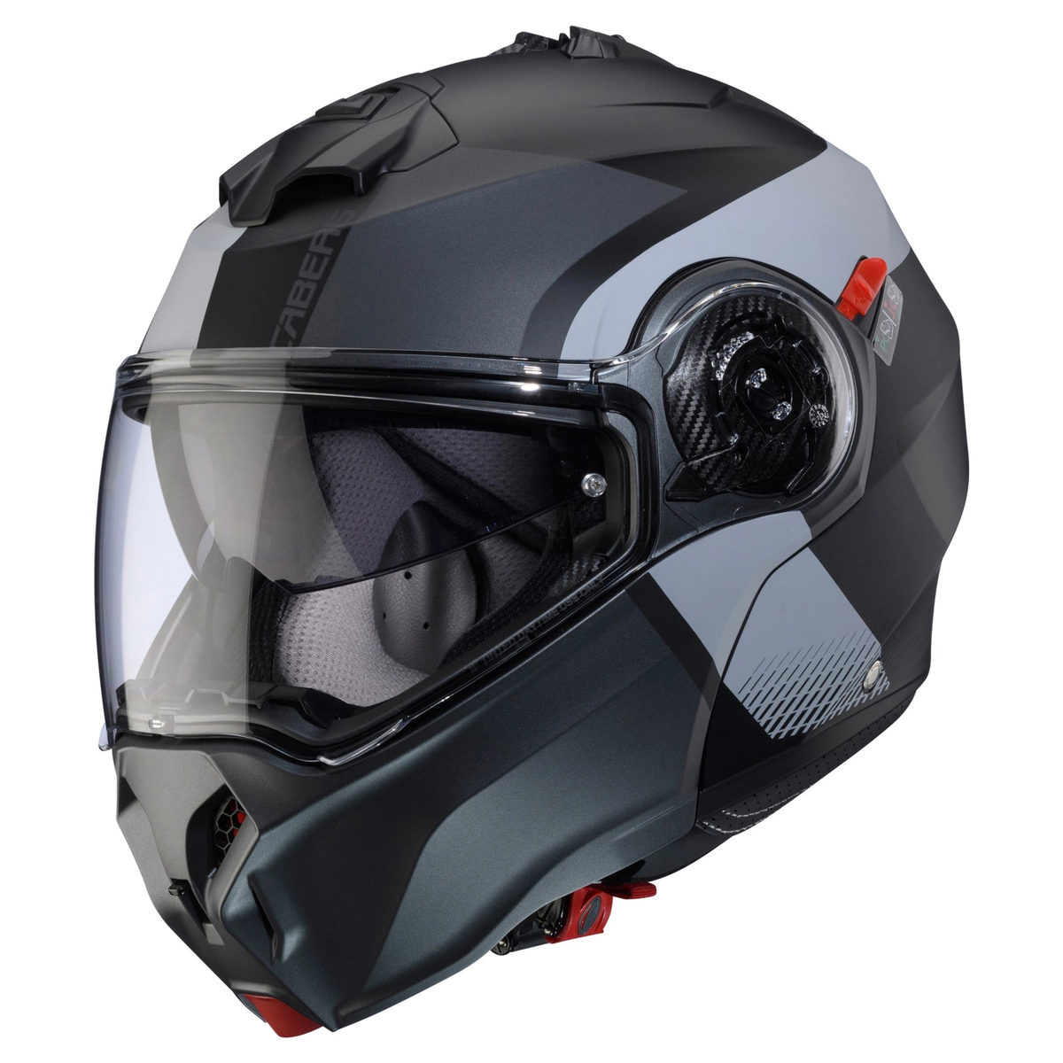 Caberg Duke Evo Indy Matt Black / Gun Metal / Grey flip-front helmet, closed in front three-quarter view
