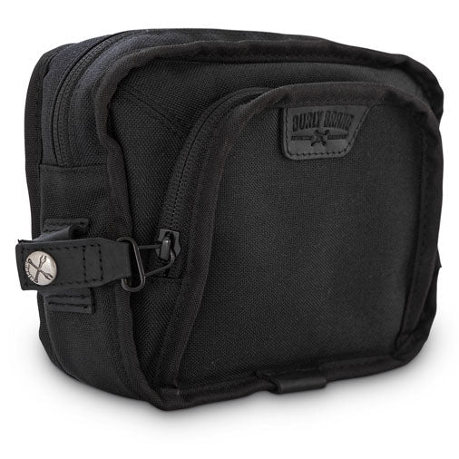 Burly Voyager black Cordura handlebar bag – rear three-quarter view