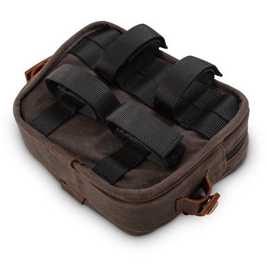 Burly Voyager dark oak wet-waxed canvas handlebar bag – mounting straps