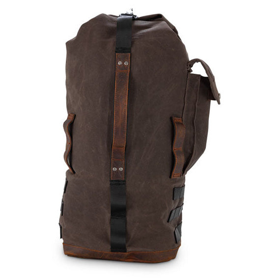 Burly Voyager dark oak sissy-bar backpack – side view