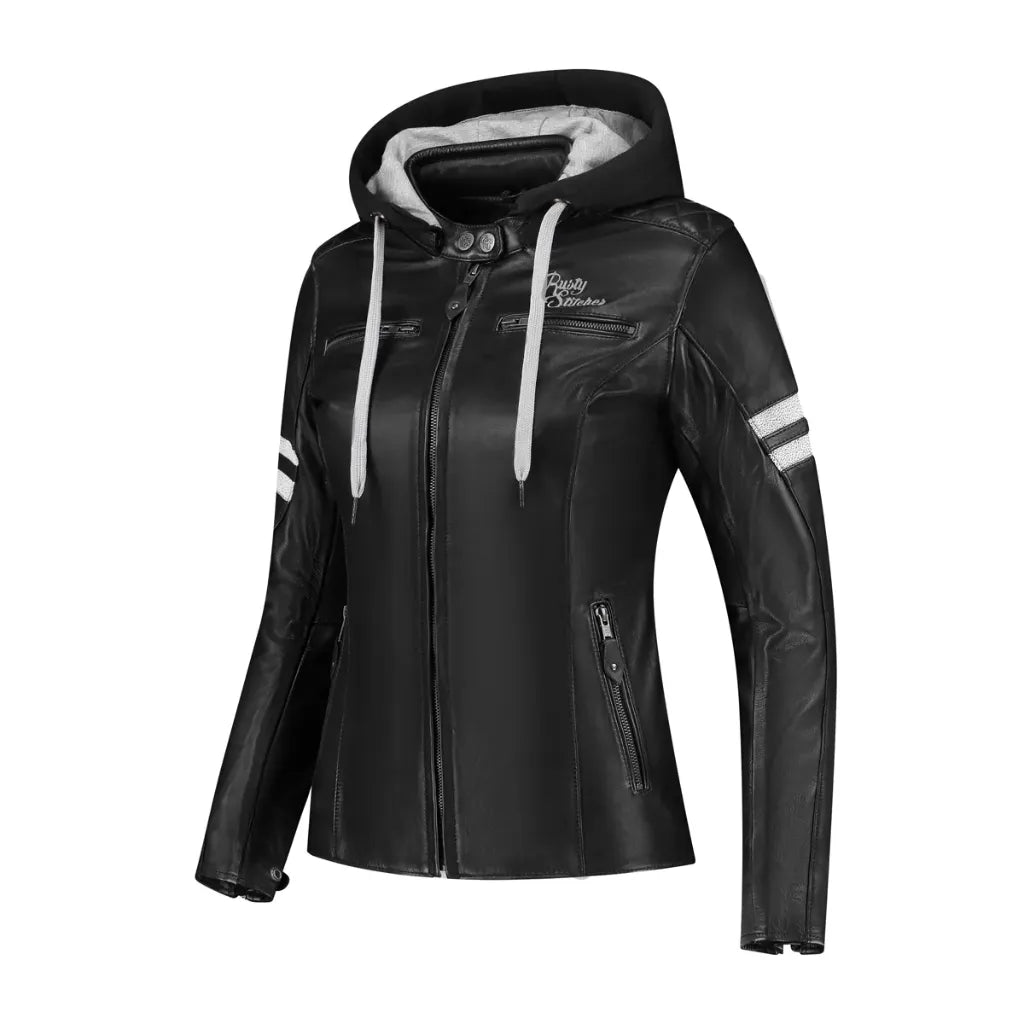 Rusty Stitches Joyce Hooded V2 Ladies Leather Jacket Black / White - FREE UK Delivery, FREE 365 Day Returns | Moto Central