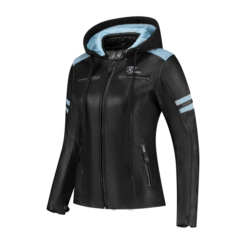 Rusty Stitches Joyce Hooded V2 Ladies Leather Jacket Black / Baby Blue - FREE UK Delivery, FREE 365 Day Returns | Moto Central