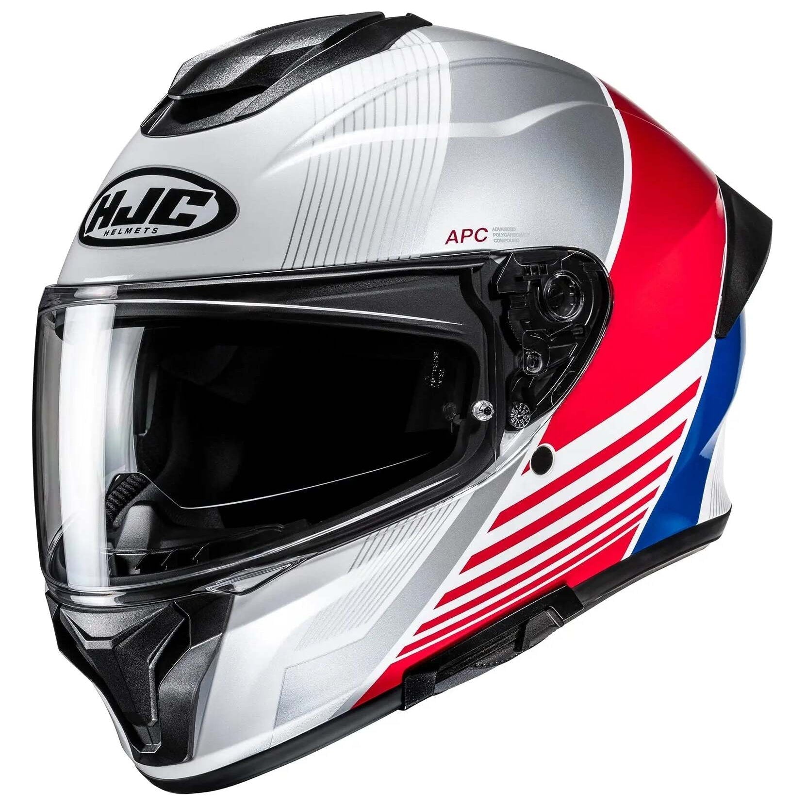 HJC C71 Morix MC21 White / Blue / Red full-face motorcycle helmet, side view on white background