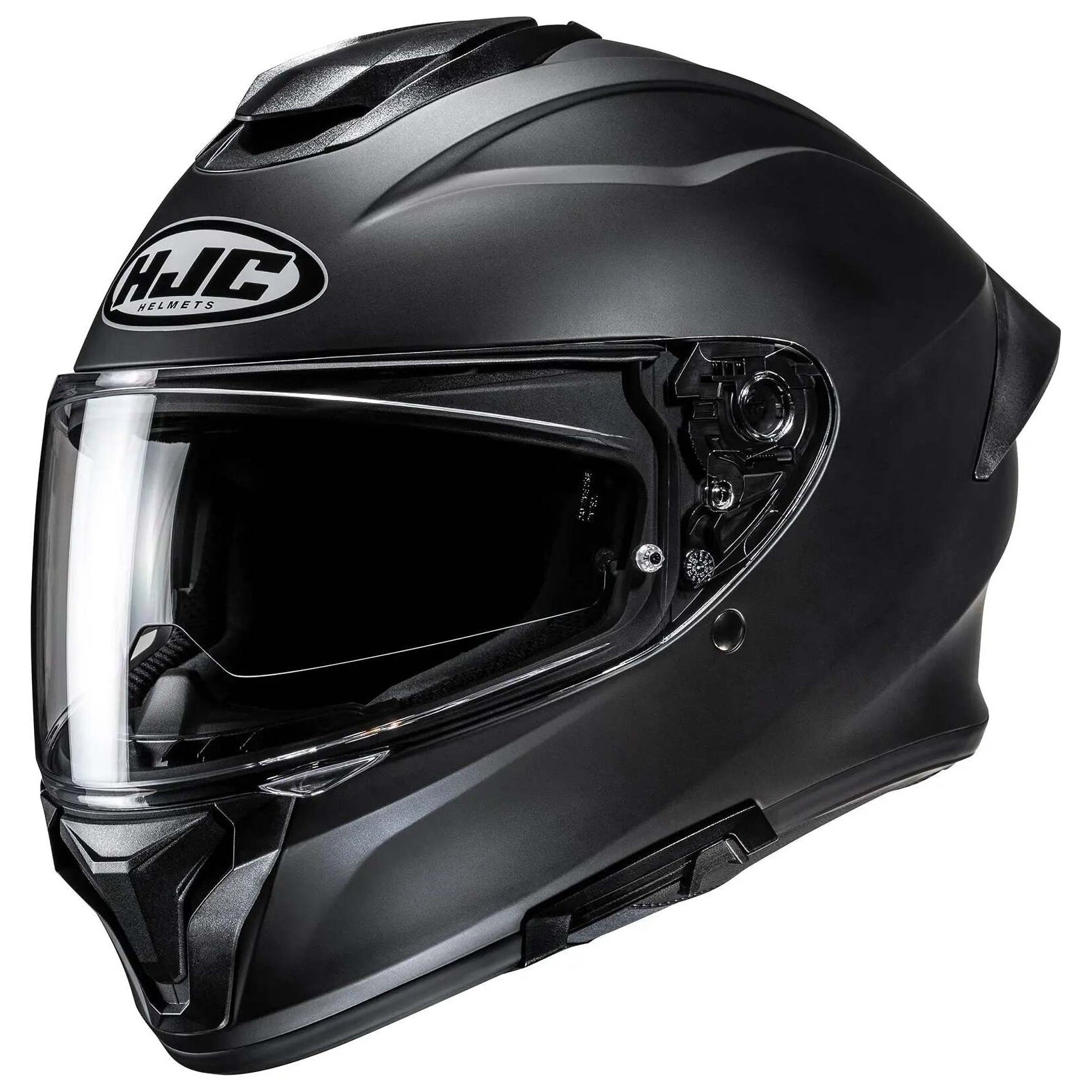 HJC C71 Semi Flat Black full-face motorcycle helmet, side view on white background