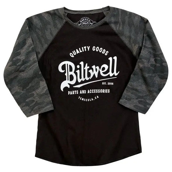 Biltwell Script Baseball Ladies Shirt Black / Grey - front view