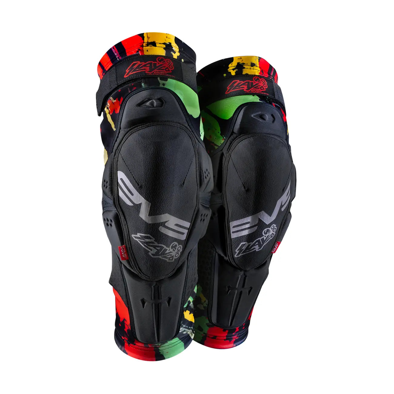EVS Slayco Youth Knee Guards Explosion Red / Yellow / Green - FREE UK Shipping, FREE 365 Day Returns | Moto Central