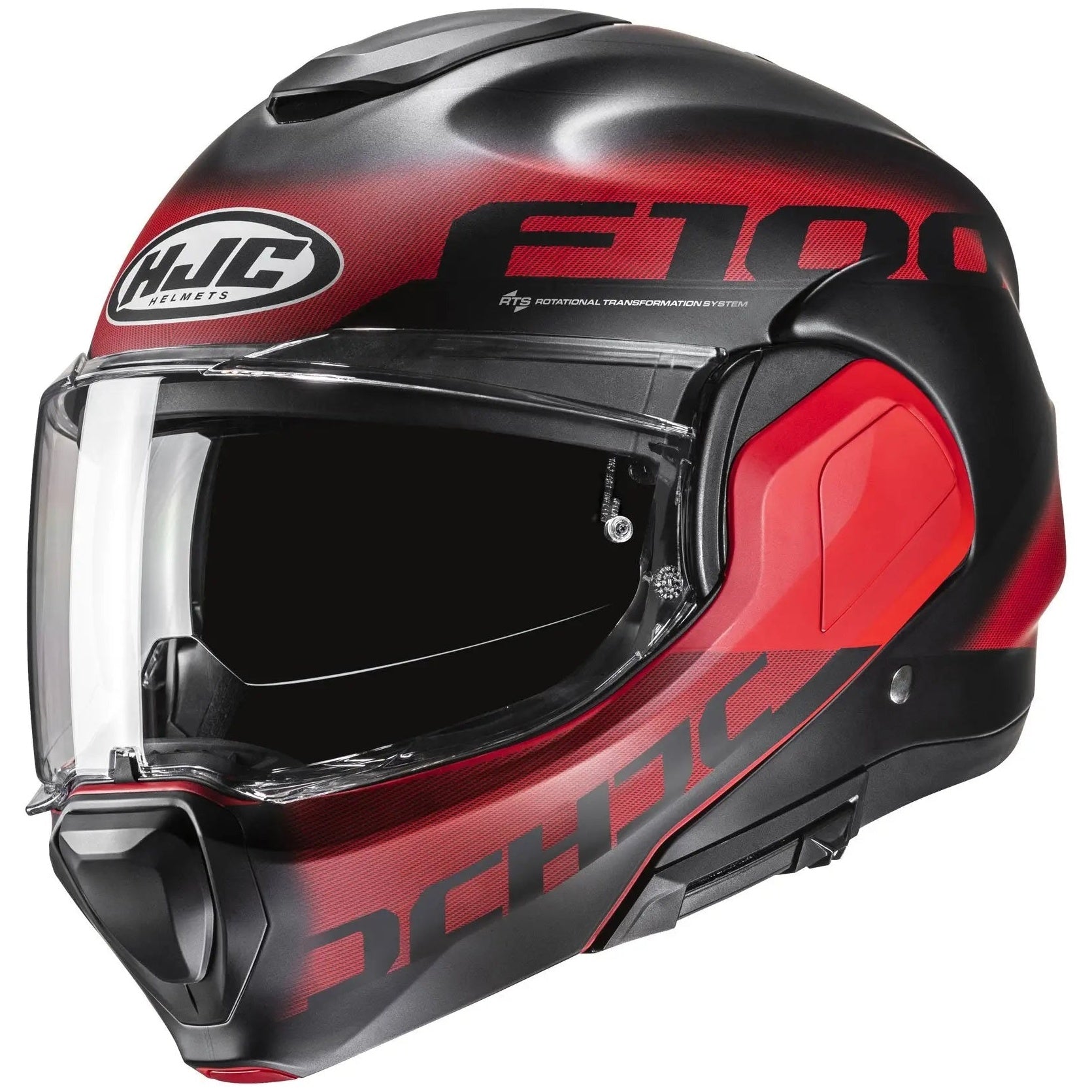 HJC F100 Hetal MC1SF Red flip-up motorcycle helmet, front three-quarter view on white background