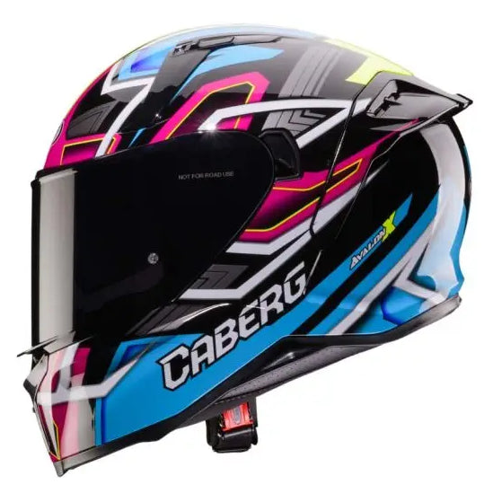 Caberg Avalon X Brama black, light blue, fluo yellow and fuchsia helmet - left-side profile with dark visor