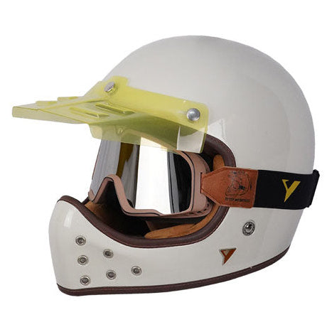 ByCity The Rock White Bone full-face motorcycle helmet, side view with peak and goggles