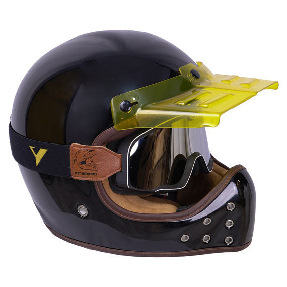 ByCity The Rock gloss black retro full-face motorcycle helmet with goggles - front-right view