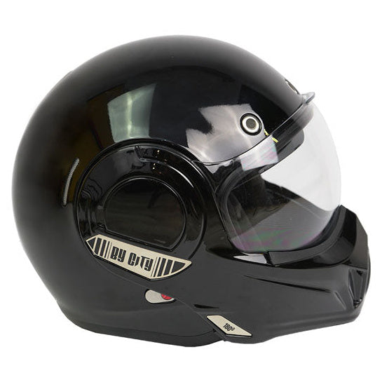 ByCity 180 Tech Convertible Black Shiny Helmet convertible motorcycle helmet, right-side view with clear visor down