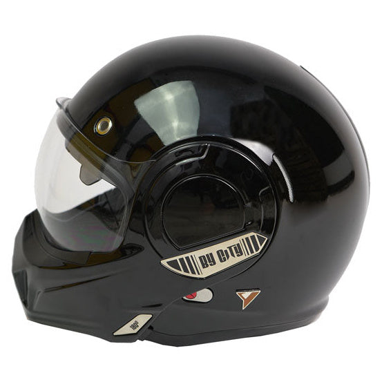 ByCity 180 Tech Convertible Black Shiny Helmet convertible motorcycle helmet, left-side view with visors down