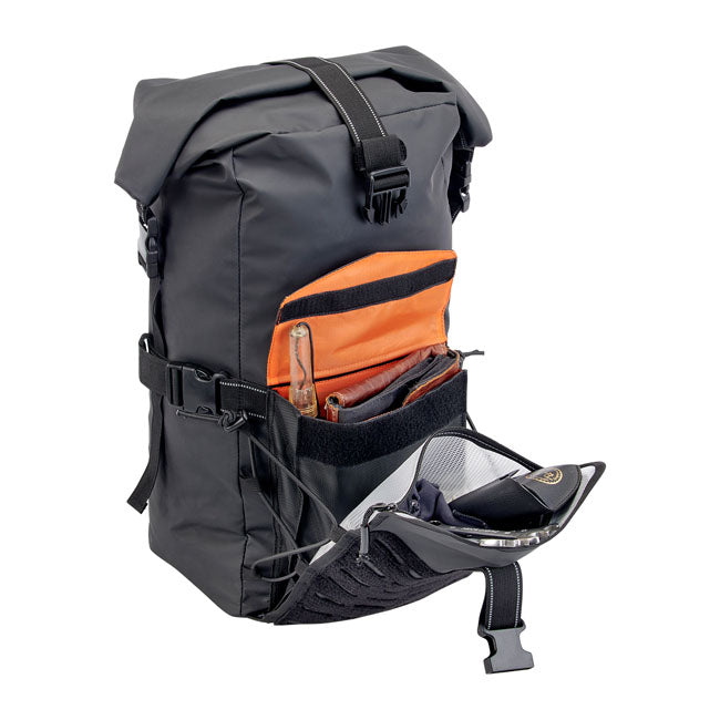 Biltwell Exfil-60 2.0 Bag Black - open boot compartment with motorcycle boots