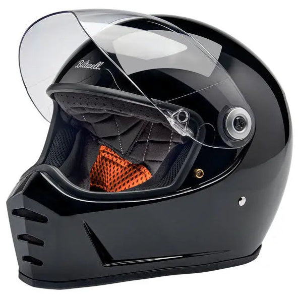 Biltwell Lane Splitter Gloss Black - left-front view with visor raised