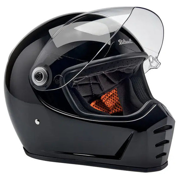 Biltwell Lane Splitter Gloss Black - right-front view with visor raised
